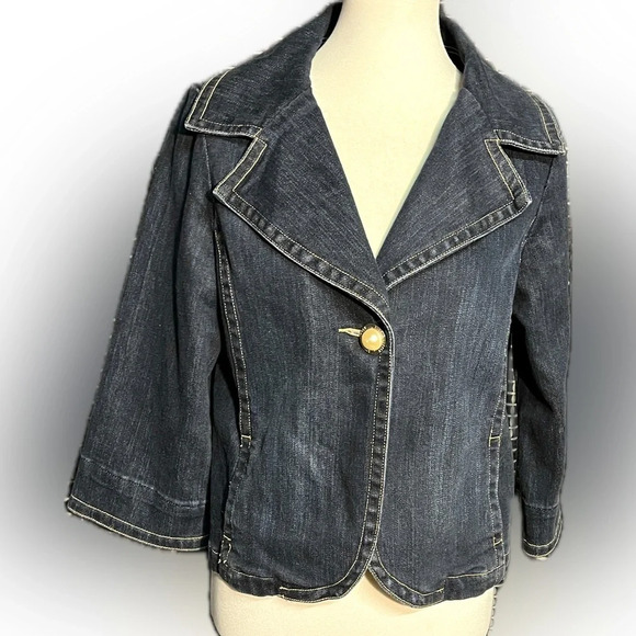 LAL (Live a Little) Dark Wash Stretch Denim Jacket, pearl buttons, M - Picture 1 of 5